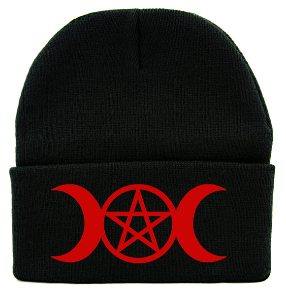 Red Triple Moon Goddess Wicca Pentagram Cuff Beanie Knit Cap Pagan Three Witchcraft