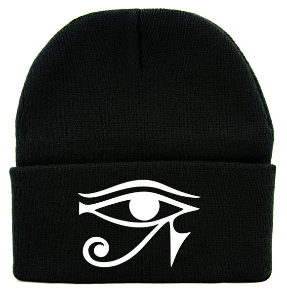 White Egyptian God Eye of Ra Horus Cuff Beanie Knit Cap Ancient Egypt Sun God