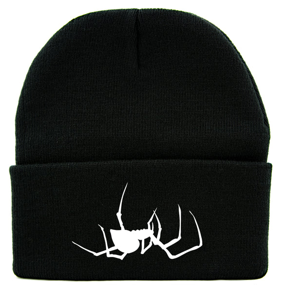 White Spooky Crawling Black Widow Spider Cuff Beanie Knit Cap Halloween