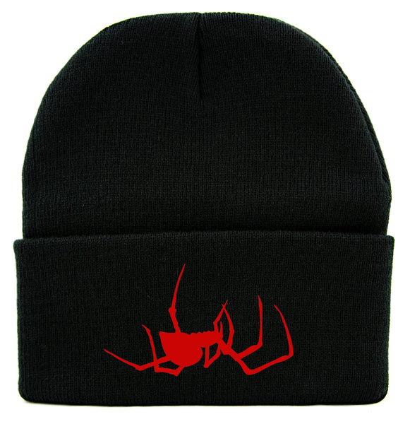 Red Spooky Crawling Black Widow Spider Cuff Beanie Knit Cap Halloween