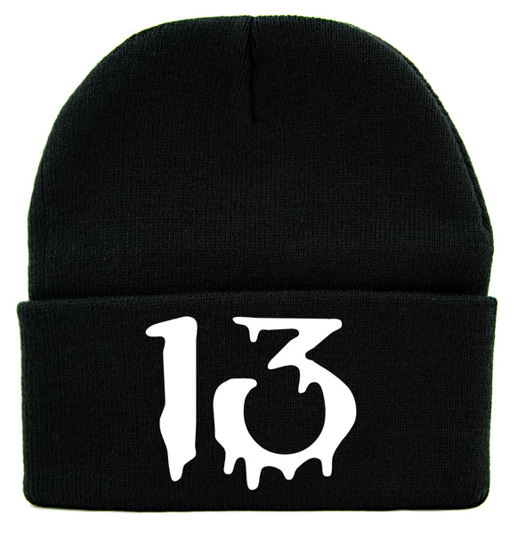 White Number Thirteen Lucky 13 Cuff Beanie Knit Cap Goth Punk