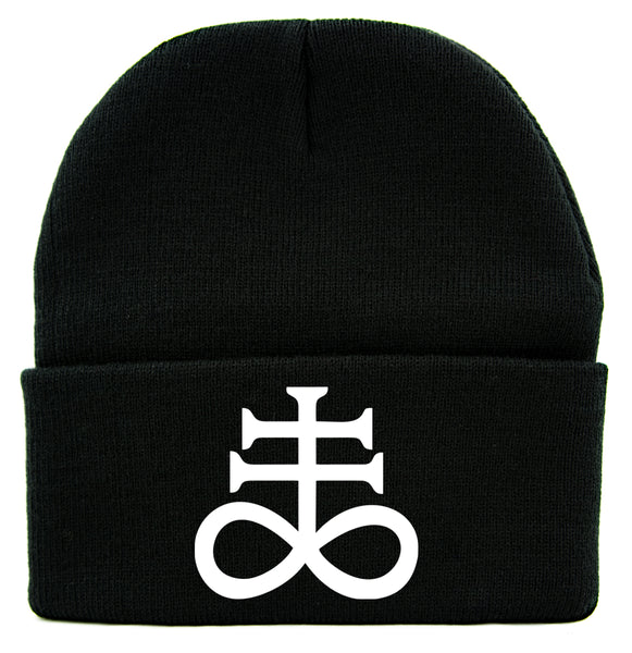 White Crux Satanus Leviathan Cross Cuff Beanie Knit Cap Occult