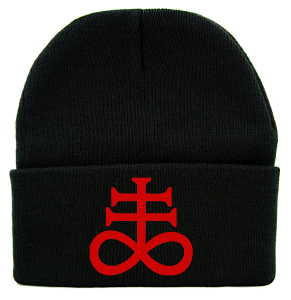 Red Crux Satanus Leviathan Cross Cuff Beanie Knit Cap Occult