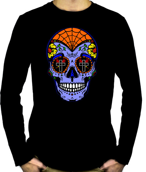 Blue Sugar Skull Long Sleeve T-shirt "Dia De Los Muertos" Day of the Dead