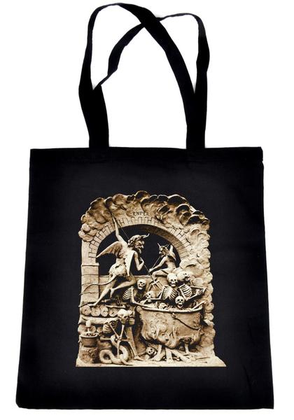 Diableries Devil Hell Scene Tote Book Bag Skeletons in Cauldron Handbag