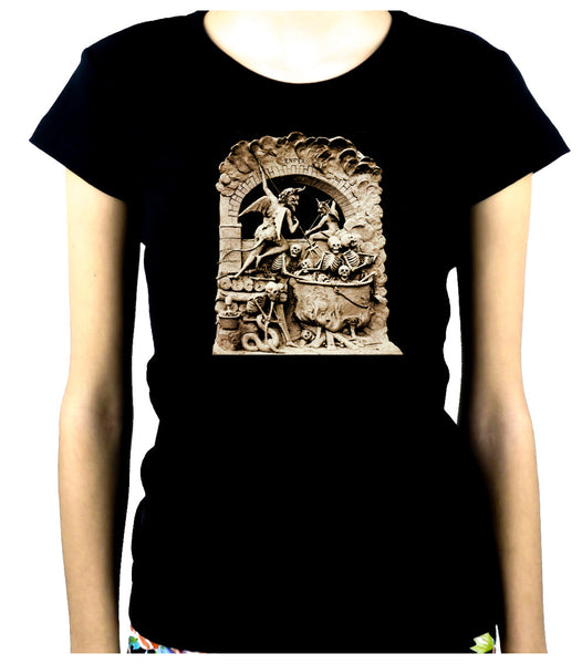 Diableries Devil Hell Scene Women's Babydoll Shirt Skeletons in Cauldron