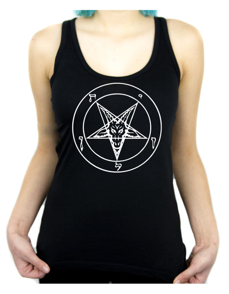 White Baphomet Inverted Pentagram Women's Racer Back Tank Top Shirt