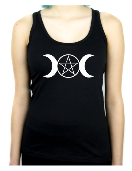 White Triple Moon Goddess Pentagram Racer Back Tank Top Shirt Witchy