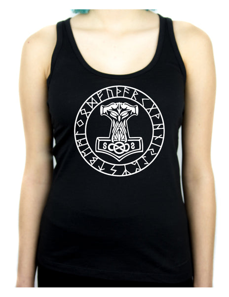 Mjolnir Mighty Thor Hammer Rune Script Women's Racer Back Tank Top Shirt Viking