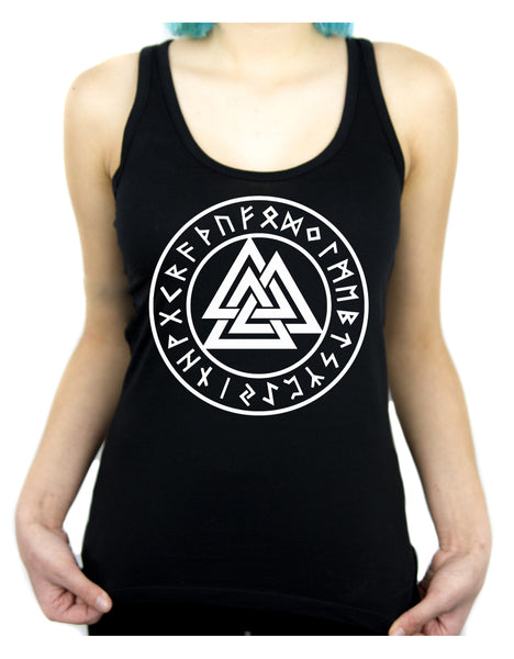 Valknut Odin Viking Symbol Runes Script Women's Racer Back Tank Top Shirt Triangle Knot