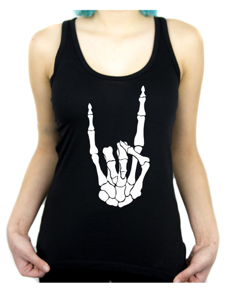 Skeleton Hand Horns Up Metal Women's Racer Back Tank Top Shirt
