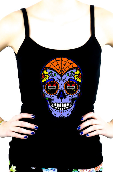 Blue Sugar Skull Spaghetti Strap Shirt "Dia De Los Muertos" Day of the Dead