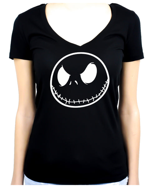 Negative Jack Skellington Face Women's V-Neck Shirt Top Nightmare Before Christmas