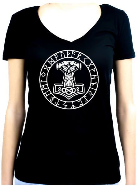 Mjolnir Mighty Thor Hammer Rune Script Women's V-Neck Shirt Viking