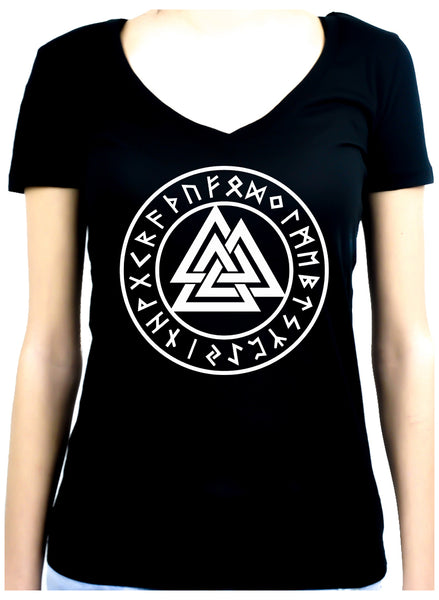 Valknut Odin Viking Symbol Runes Script Women's V-Neck Shirt Triangle Knot
