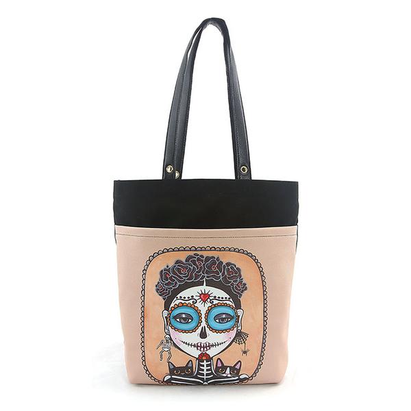 Day of the Dead Girl Sugar Skull w/ Cats Canvas Tote Bag Purse Art