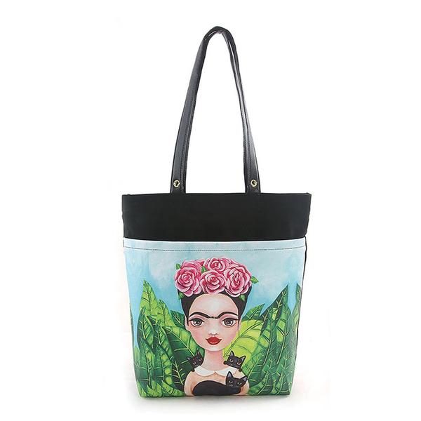 Frida Kahlo w/ Black Cats Canvas Tote Bag Purse Art